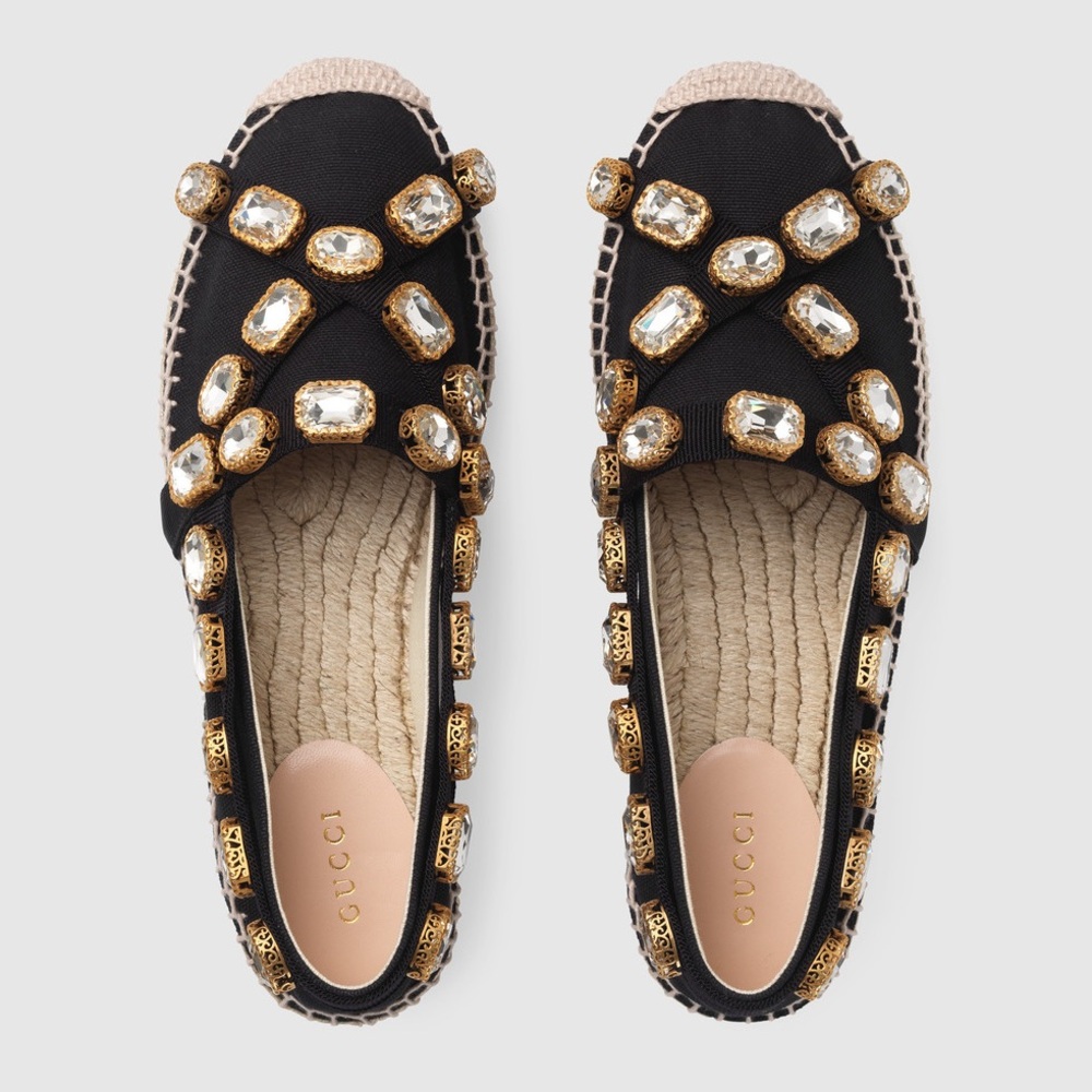 Authentic Gucci Black and Gold Canvas Espadrilles with Crystal Embellishments